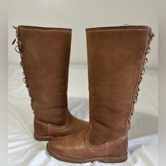 Frye Riding Cozy Tall leather Shearling lined Equestrian Boots Lace Up Back - Picture 6 of 13